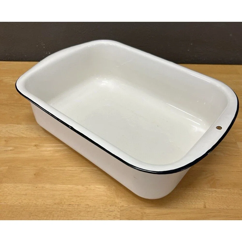 Vintage Enamelware Refrigerator Pan Tub Basin White Black Trim Farmhouse Rustic